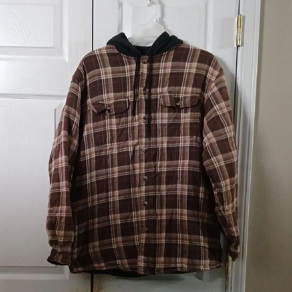 Wrangler plaid flannel quilted lining hooded button down jacket Sz M EUC